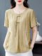 2025 Summer New Cotton and Linen Short-Sleeved Shirt for Women, Age-Reducing, Loose, Large Size, Stylish Top, Tummy-Covering Mom's Shirt