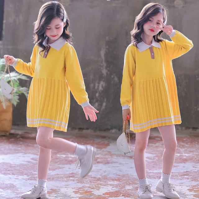 Girls spring and autumn new knitted dress Western style 2021 girls long-sleeved Korean version mid-length pleated princess skirt