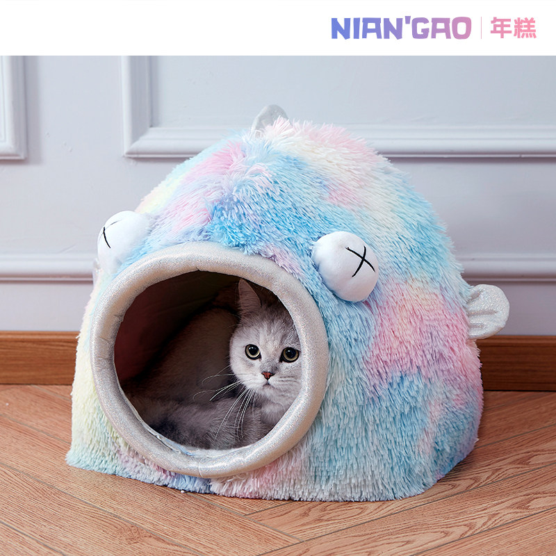 (Rice Cake NianGao) Large eye fish Semi-closed Pets Dog Wo Winter Warm Cat and Cat Bed Supplies