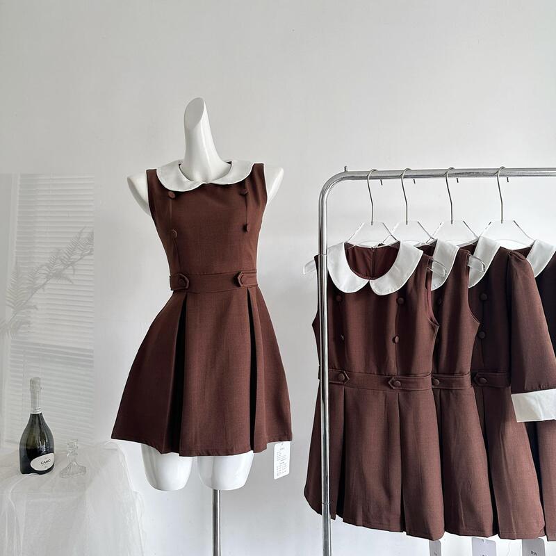 Real Shot of Early Autumn X'K Collection Chestnut Color Miu-Style Coffee-Colored Double-Breasted Peter Pan Collar Dress, Sleeveless/Quarter Sleeves Real Shot of Early Autumn X'K Collection Chestnut Color Miu-Style Coffee-Colored Double-Breasted Peter Pan Collar Dress, Sleeveless/Quarter Sleeves
