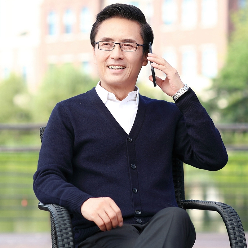 Áo len nam trung niên và cao tuổi 100% nguyên chất cho nam trung niên mặc quần áo mùa thu và mùa đông Ông già áo len dày - Áo len