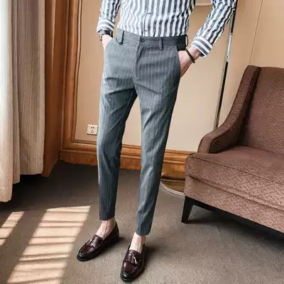 Fashion slim ankle-length pants men Korean casual pants men's striped pants business suit pants 9 points small feet men's pants