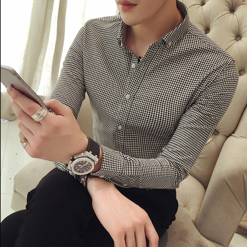Spring Summer Han Edition Sashimi Casual Shirt Male Business Professional Men's Shirt Men's Youth Long Sleeve Plaid Shirt Man