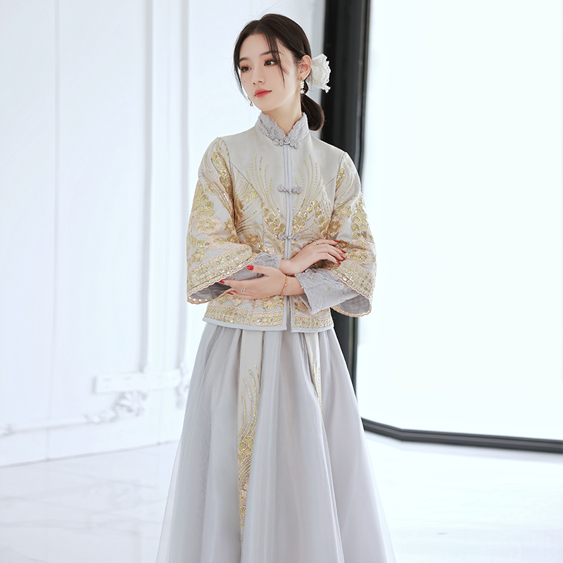 Gray bridesmaid dress Chinese style 2021 new winter warm long-sleeved bridesmaid dress wedding sister dress thickened long version