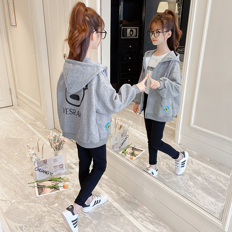 Girls' thick T-shirt jacket autumn 2022 new style plus velvet middle-aged children's Western style hooded zipper shirt spring and autumn cotton children's clothing