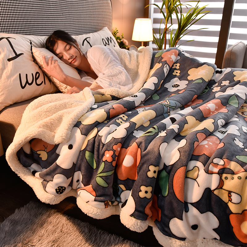 Autumn and winter thickened lamb down nap blanket coral fleece warm print flannel blanket spread mattress double blanket