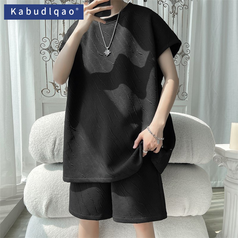 Textured Sleeveless Vest and Shorts Set for Men, Summer Wear, Large Size, Youth Ice Silk Casual Sports Two-Piece Set
