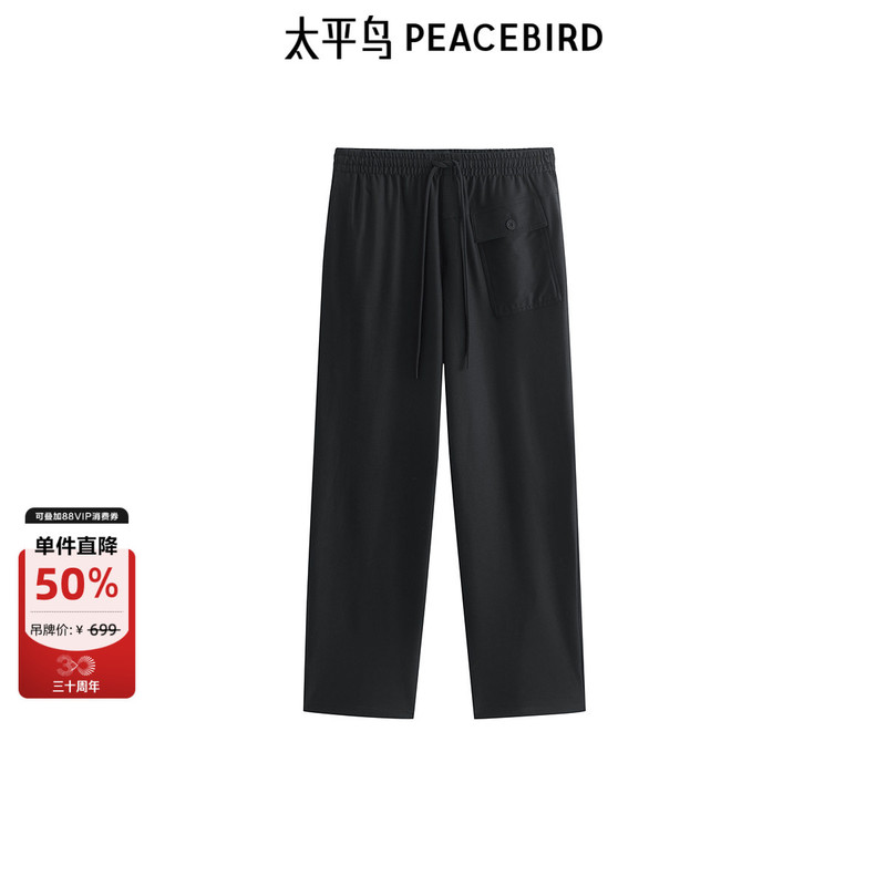 Peacebird Men's Casual Pants Summer Straight-Leg Workwear Black Drawstring Sports Outdoor Long Pants Trendy