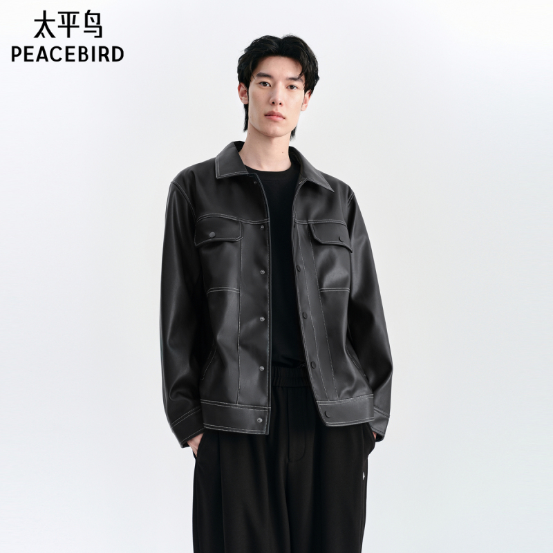 Peacebird Men's Pu Leather Jacket with Contrast Stitching, Fashionable Turn-Down Collar Coat, Casual Commuter Top, Trendy