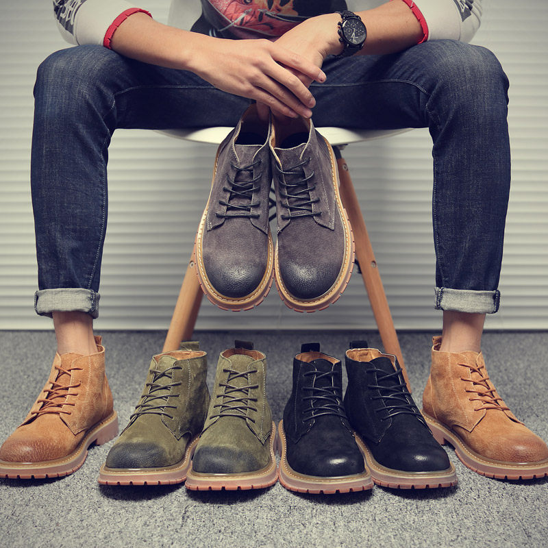 Middle cylinder Martin boot male Korean version high cylinder genuine leather plus suede short boots spring snowy Inren 100 hitch shoe tooling boots