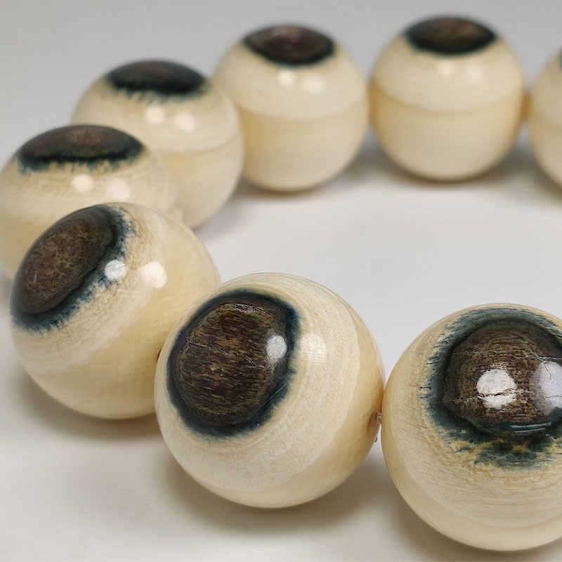 文玩堂（猛犸单圈蓝眼睛） 猛犸象牙蓝眼睛手串8mm蓝皮单圈手串- 珠海英古堂猛犸工艺