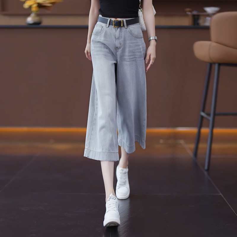 Women's Summer Thin Wide-Leg Jeans, New Light Gray High-Waisted Casual Straight-Leg Cropped Pants for Petite Figures Women's Summer Thin Wide-Leg Jeans, New Light Gray High-Waisted Casual Straight-Leg Cropped Pants for Petite Figures