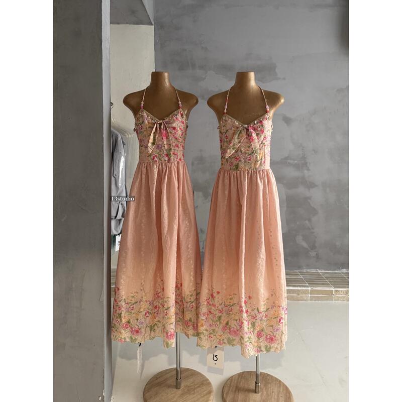 13-Studio2026 Thirteen Lines Hand-Painted Garden/Long Halter Neck Beaded A-Line Waist-Cinching Printed Dress for Women