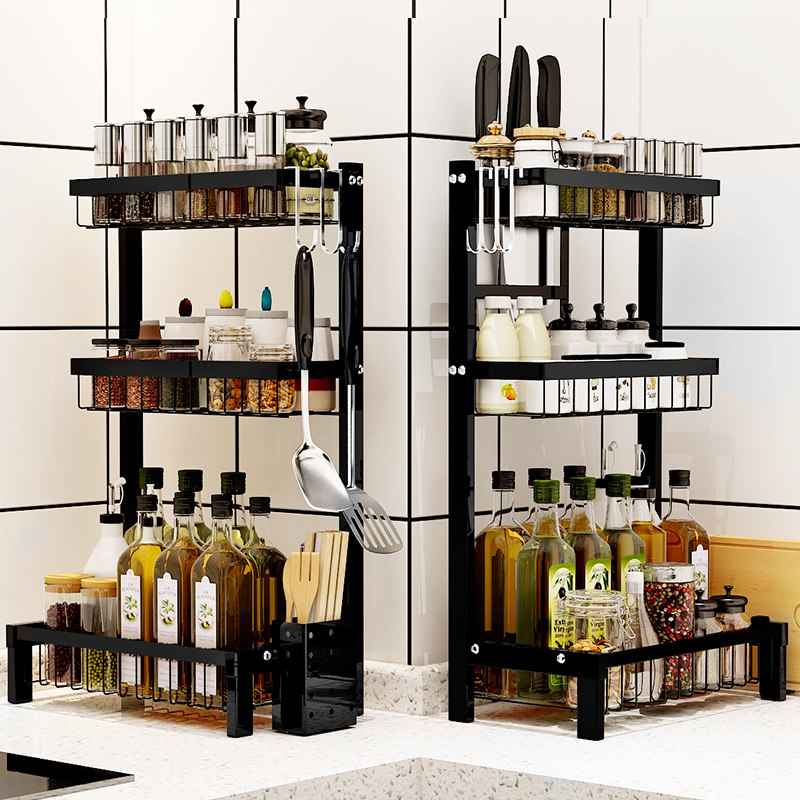 Kitchen Shelve Stainless Steel Black Floor Multilayer Chopstick Cage Tool Holder Chopping home Condiment Seasoning Intake shelf