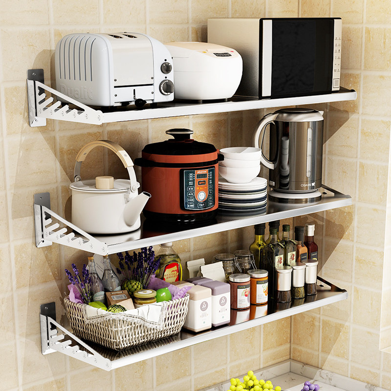 Non-perforated kitchen shelf Stainless steel wall-mounted wall-mounted rack Microwave oven rice cooker storage layer shelf