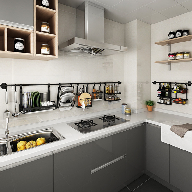 Yu Tang Perforation Free Kitchen Rack Stainless Steel Wall Hanging Pot Cover Knife Rack Chopsticks Cage Seasoning Tank Rack Dish Rack Storage Layer Rack