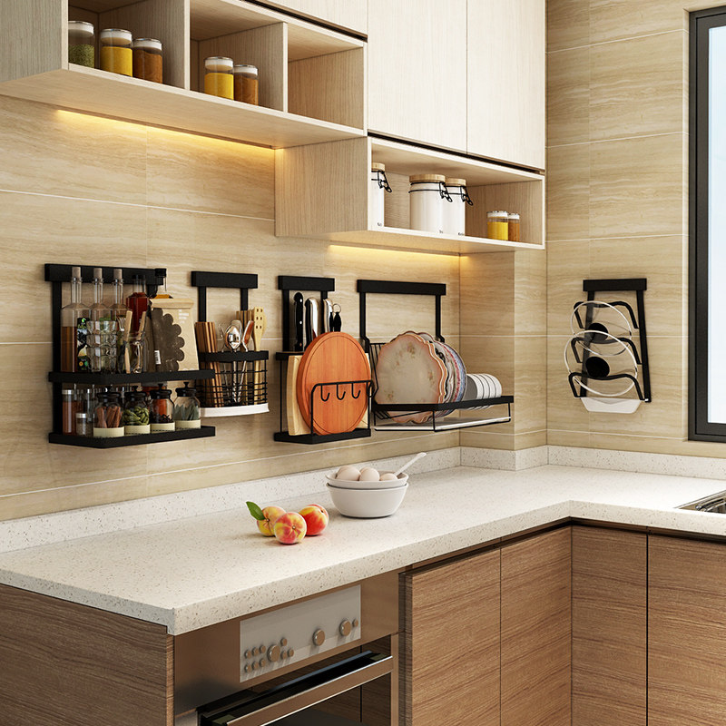 Yu Tang black kitchen shelf wall hanging type non-punching stainless steel dish rack seasoning rack pot lid rack storage rack