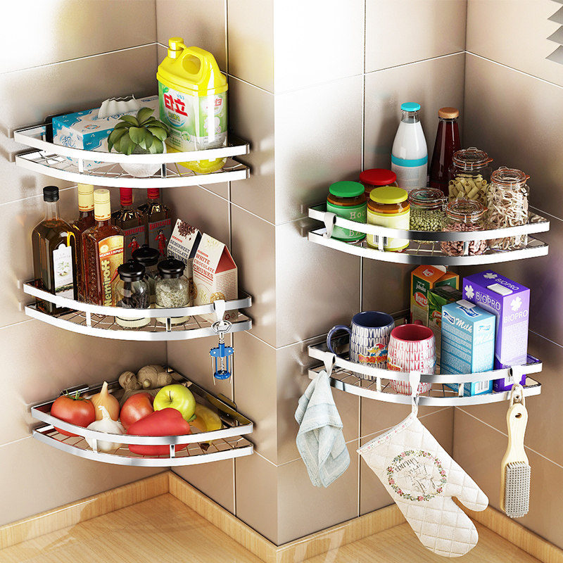 Non-perforated stainless steel corner kitchen shelf wall-mounted fan-shaped seasoning seasoning multifunctional storage shelf