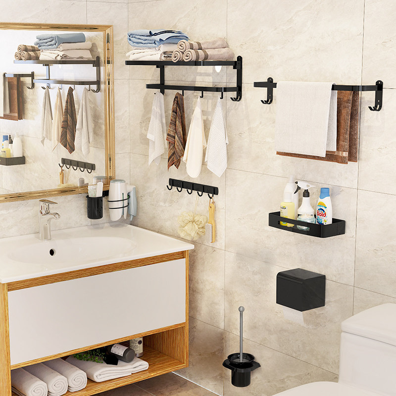 Black Bathroom Shelve Towel Rack Free To Punch Wall-mounted Toilet Makeup Room Bath Towel Rack Hardware Pendant Suit