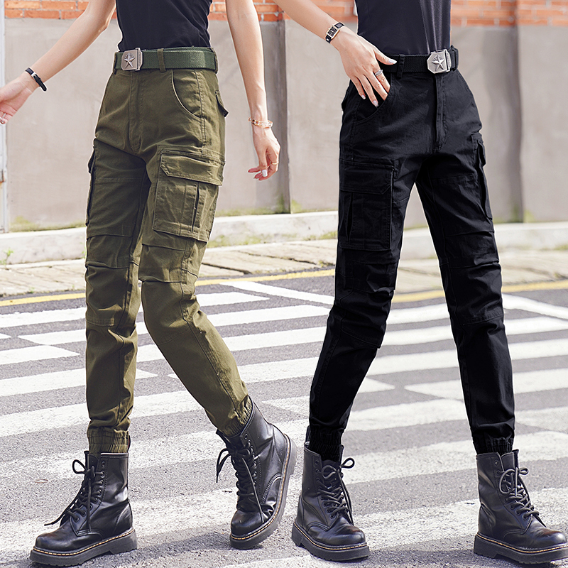 Handsome bunched overalls women's summer thin loose thin high waist stretch straight army green pants casual pants tide