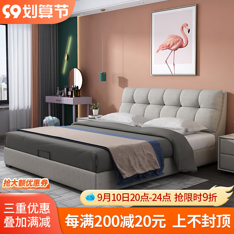 Technology cloth double Nordic ins wind bed modern minimalist creative design girls bedroom net red soft bag fabric bed