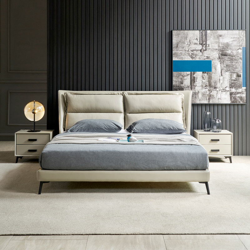 Leather bed Italian simple bed light luxury modern master bedroom king bed leather art high-end atmosphere net red 2 meters wedding bed