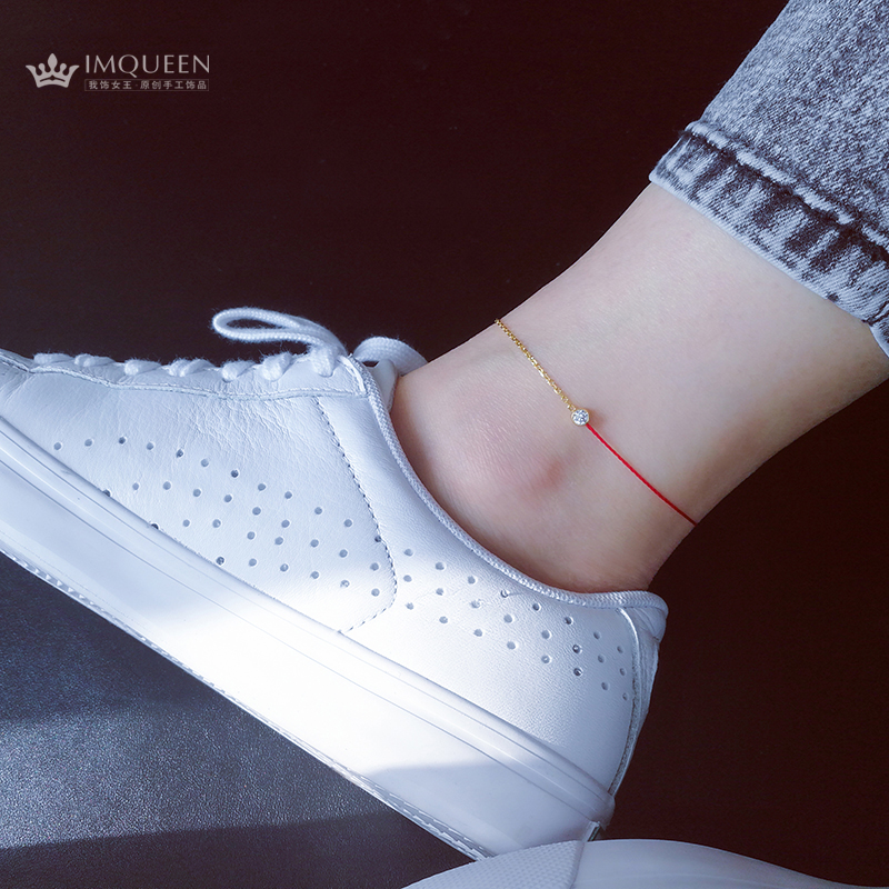SpongeBob Rose Gold Diamond Single Diamond Fine Red Rope Anklet Nữ Đơn giản Dậu Hàn Quốc Năm dây vận chuyển Red Rope lắc chân vàng tây