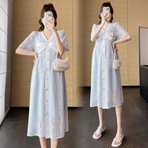 Pregnant women’s new summer clothes fashionable V-neck lace dress sweet temperament slim bow maternity dress trendy