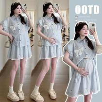 2024 fresh summer style two-piece short-sleeved short-sleeved suit for pregnant women loose long style striped thickened mid-length