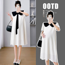 New Korean style loose baby doll collar color-blocked lapel maternity dress mid-length design to reduce age in summer