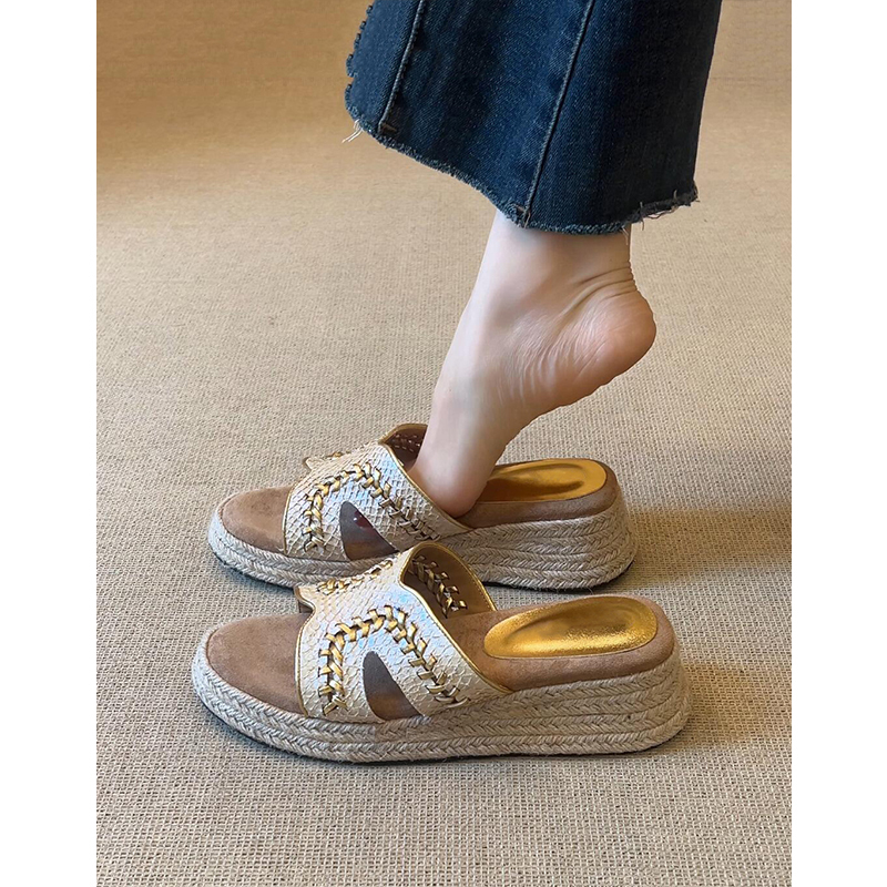 Sheepskin Version ~ Genuine Leather Flat Sandals for Women, Summer Outdoor Wear, Straw Wedge Platform Shoes, Thick-Soled Slippers, High-Heeled Sandals