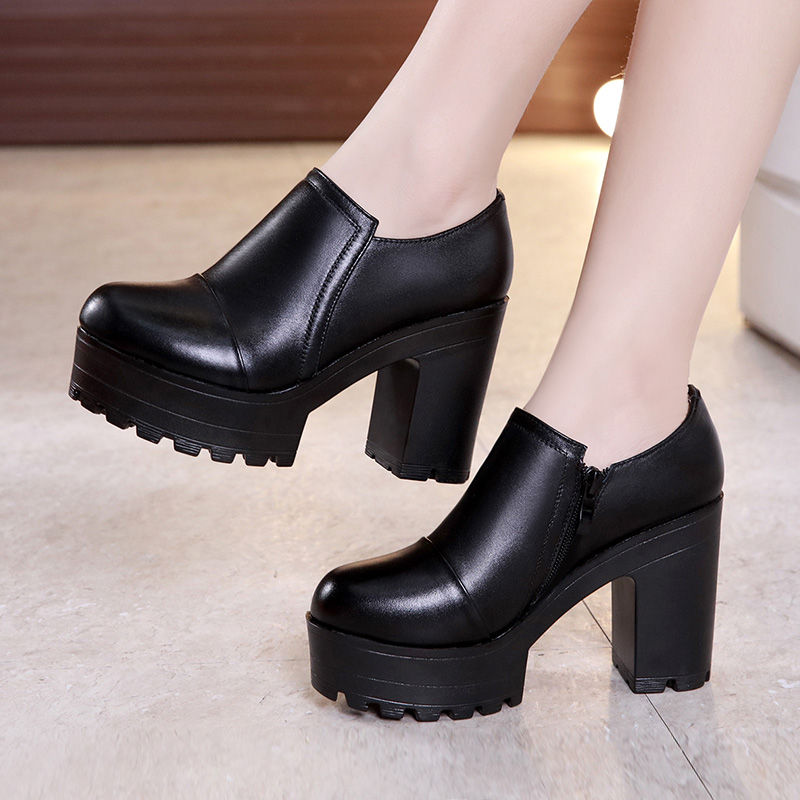 High heel shoe autumn winter genuine leather rice cake thick bottom waterproof bench round head deep mouth coarse heel with single shoe model qipao walking show shoes female