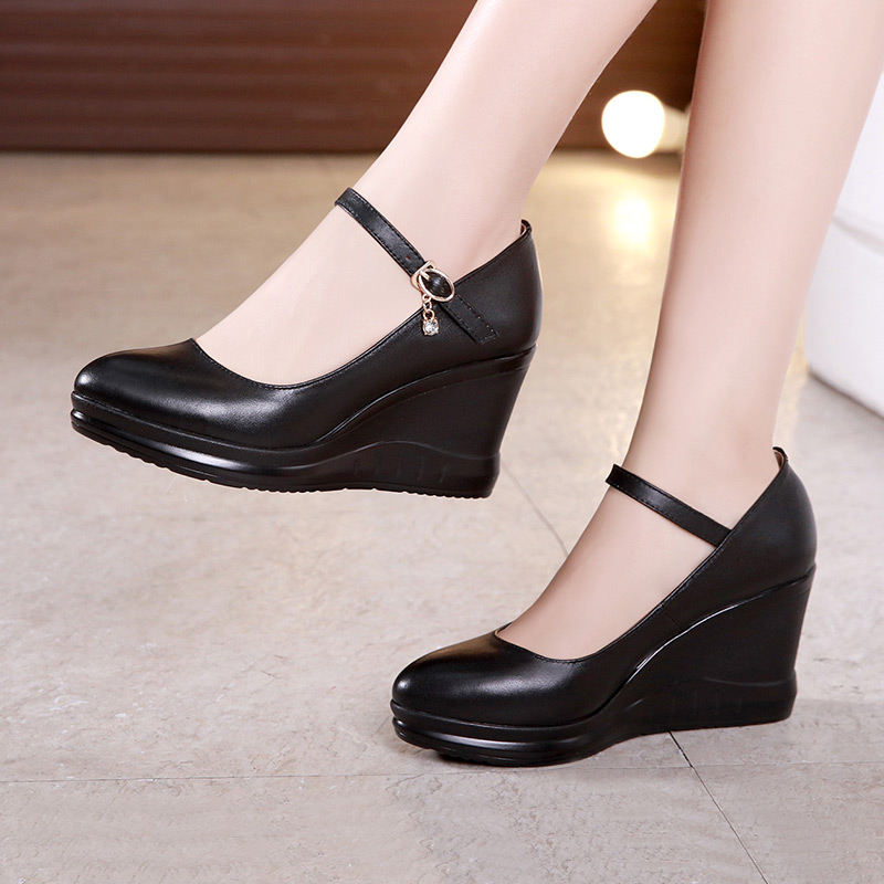 Leather bag shoes women's wedge heel 2022 spring new waterproof platform pointed toe work shoes high heel wedge heel cheongsam catwalk shoes women