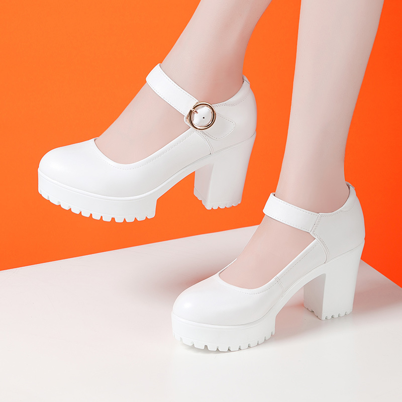 White Cheongsam Model Platform Shoes with Thick Soles, Waterproof, High Heels, Chunky Heels, Work Shoes, Single Strap, Round Toe, Special Runway Shoes