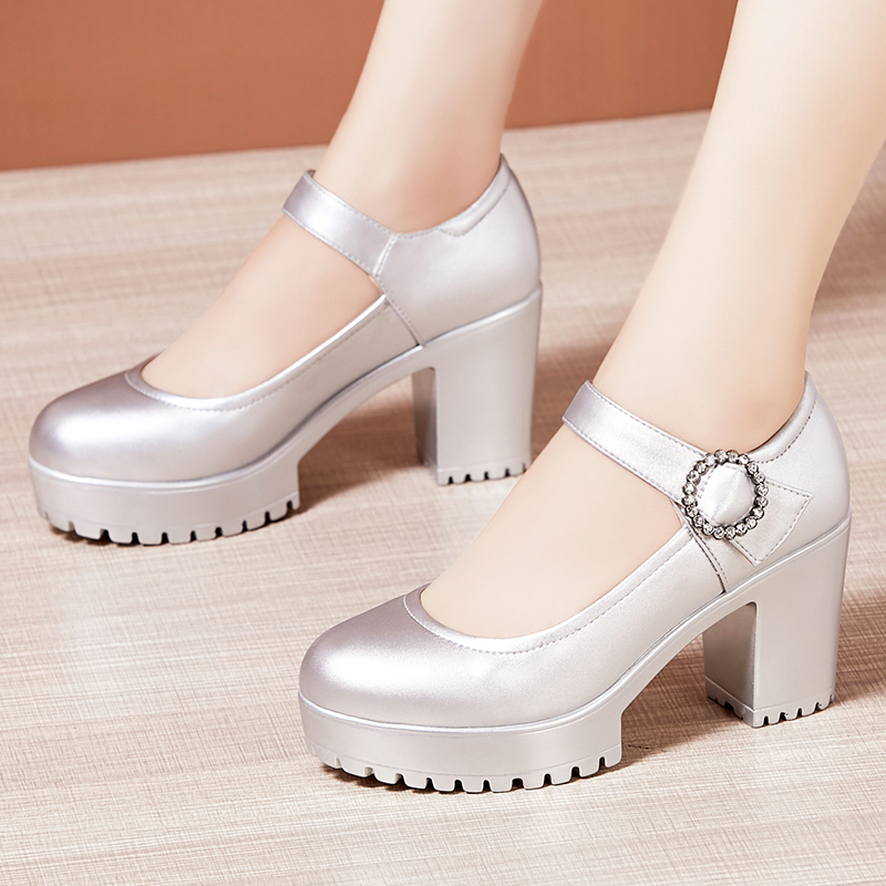 Silver Cheongsam Model Catwalk High Heels Women's Thick-Soled Waterproof Platform Chunky Heel T-Stage Comfortable Performance Shoes Round-Toe Single Shoes