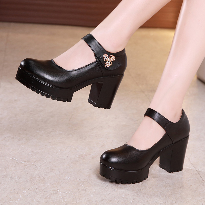 Round Head Black 8cm High Heel Model Qipao Walk Show Shoes Woman Coarse Heel Thick Bottom Waterproof Table With Shallow Mouth Single Shoes