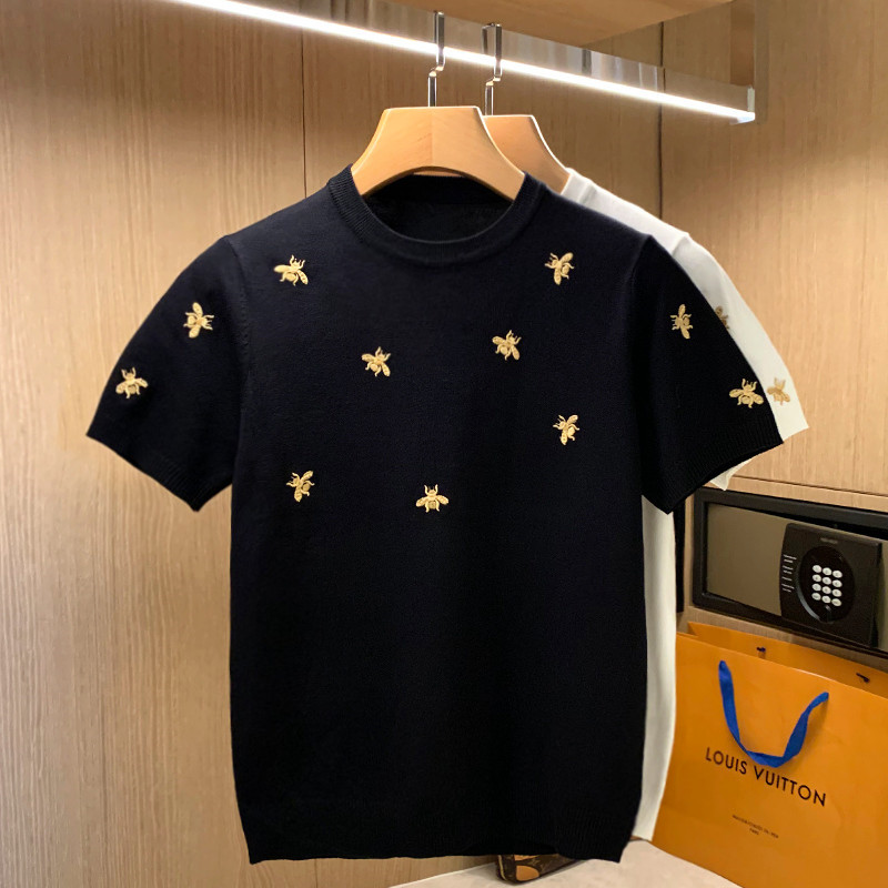 Europe and the United States light luxury fan summer tide men round neck short sleeve T-shirt Bee embroidery slim thin breathable sweater men