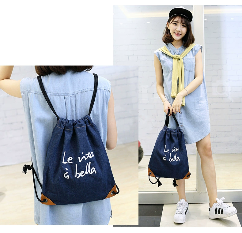 Ba lô denim Dây rút dây rút Sinh viên Ba lô Lady ngoài trời Thể dục Thể hình Túi đào tạo Túi leo núi cấp đi học nữ cấp 2 cá tính
