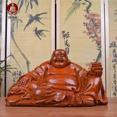 Woodcarving Maitreya Buddha Statue ornaments Handmade cloth bag sitting smiling Buddha hedgehog red sandalwood large home mahogany pear craft gift decoration