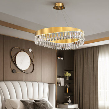 Stainless Steel Light Luxury Chandelier, Simple Post-Modern Bedroom Crystal Lighting, Round Model Room Hong Kong-Style Living Room Lamp