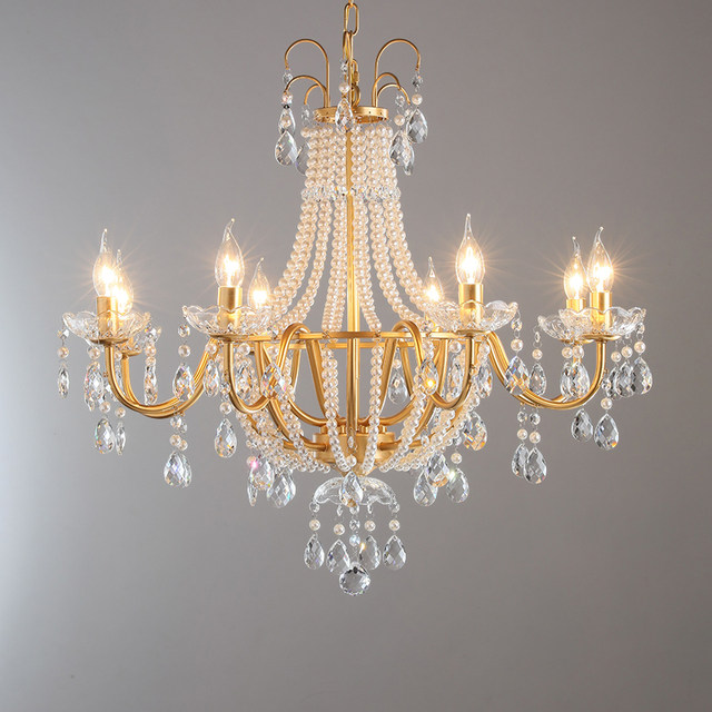 American-Style Crystal Lamp, French Vintage Pearl Chandelier, Mid-Century Villa Living Room, Dining Room, Bedroom, Duplex Main Light Fixture