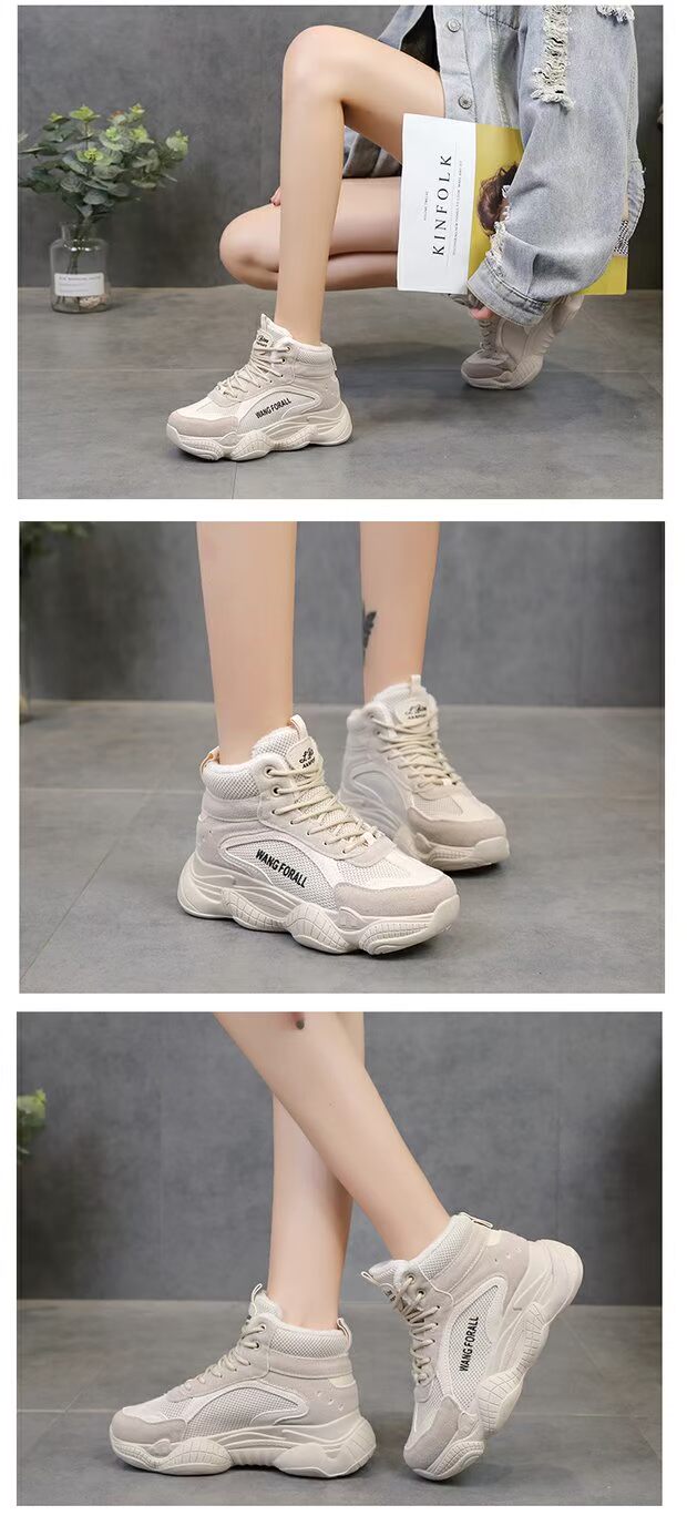 Giày lưới cũ màu đỏ và giày nhung cao nữ 2018 Giày cotton mới mùa thu và mùa đông Sinh viên hoang dã Giày thể thao Hàn Quốc giày thể thao nữ đế cao