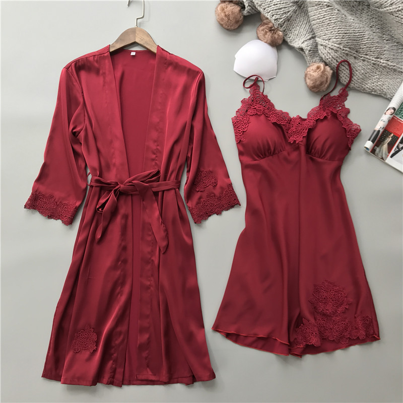 Light Luxury Versatile Spring and Autumn Sexy Camisole Nightgown Set Silk Solid Color Sleepwear with Removable Chest Pads Loungewear