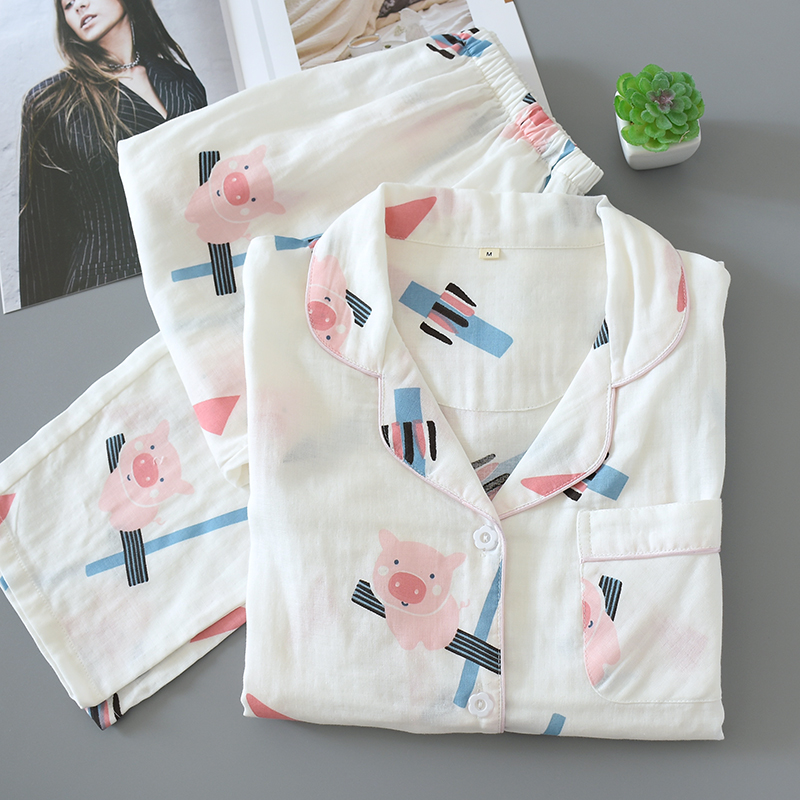 Japanese pajamas cotton autumn double gauze Women's thin long-sleeved spring and summer cardigan cotton home clothes comfortable suit