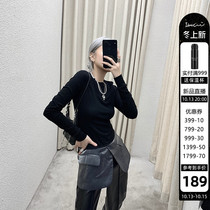 IAMCPLUS Sunny Black Fake Two Pieces Splice Round Neck Long Sleeve T-Shirt Slim base shirt