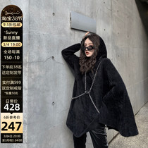 IAMCPLUS Sonnys beloved dark black new mink cashmere wavy pendulum asymmetrical single sleeve cloak cloak jacket woman