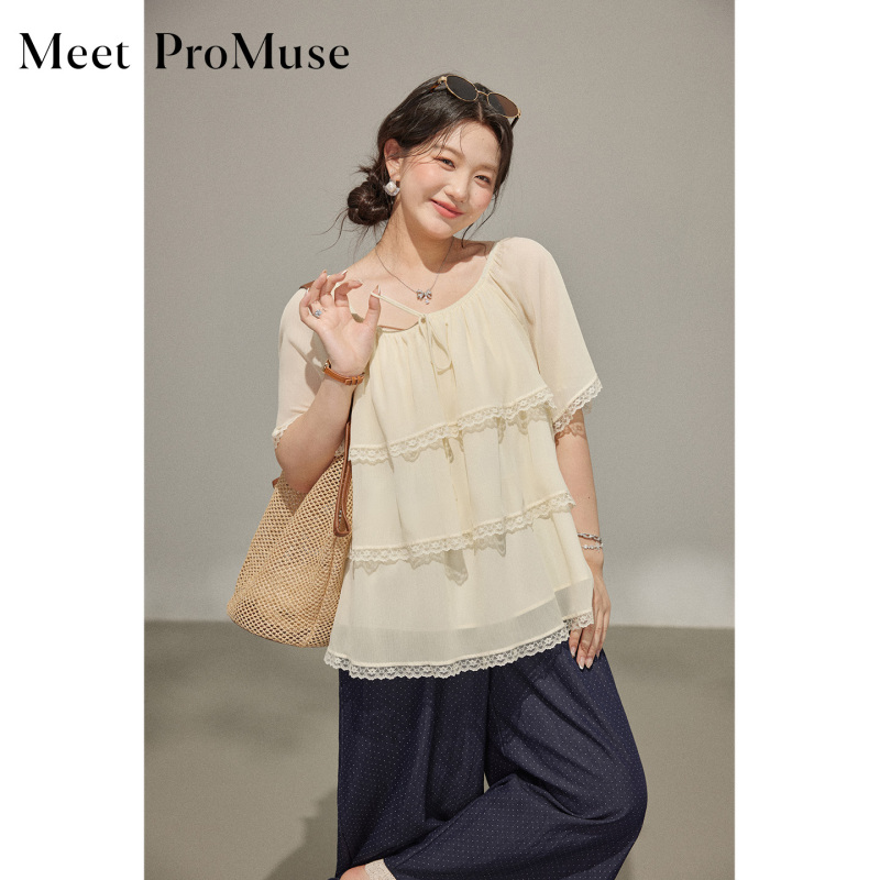 Pomu Plus Size Women's Chiffon Layered Blouse 2026 Summer New Lace Trim Round Neck Tie Elegant Top Pomu Plus Size Women's Chiffon Layered Blouse 2026 Summer New Lace Trim Round Neck Tie Elegant Top