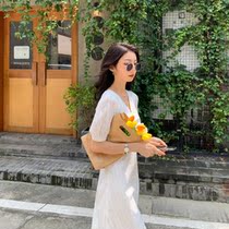 Korean v-neck pleated temperament dress women's bubble sleeve high waist careful machine conjoined slim Joker long white skirt