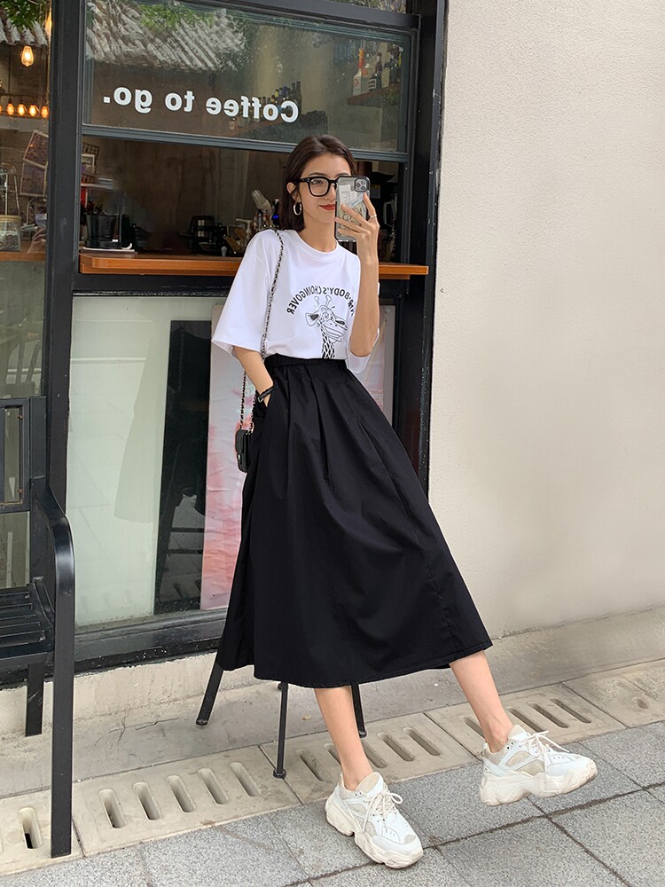 Japanese black skirt women slim high waist temperament 2021 summer dress mid-length umbrella skirt hip A- line skirt
