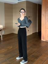 South Korea Big Long Legs Suit Broadlegged Pants Woman Spring Fall Sensation High Waist Black Loose Straight Drum Casual Tug Pants